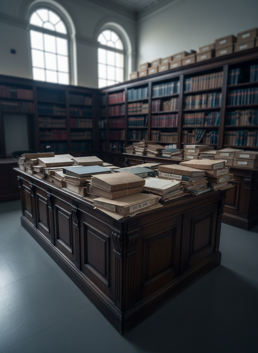 A heavy wooden judge’s bench crafted from dark walnut dominates a grand but empty courtroom, its surface cluttered with thick case files, bound reports, and stamped manila folders labeled with dates and docket numbers. Behind the bench, towering shelves of leather-bound law books and archival boxes recede into soft blur. Cool, diffused daylight filters through high frosted windows, creating gentle reflections on the polished wood and casting long, sober shadows. Photographed at eye level in photographic realism with a slight wide-angle lens, the composition uses the rule of thirds, emphasizing the lonely authority of the bench and the weight of documented evidence, evoking a mood of solemn accountability and overdue scrutiny.