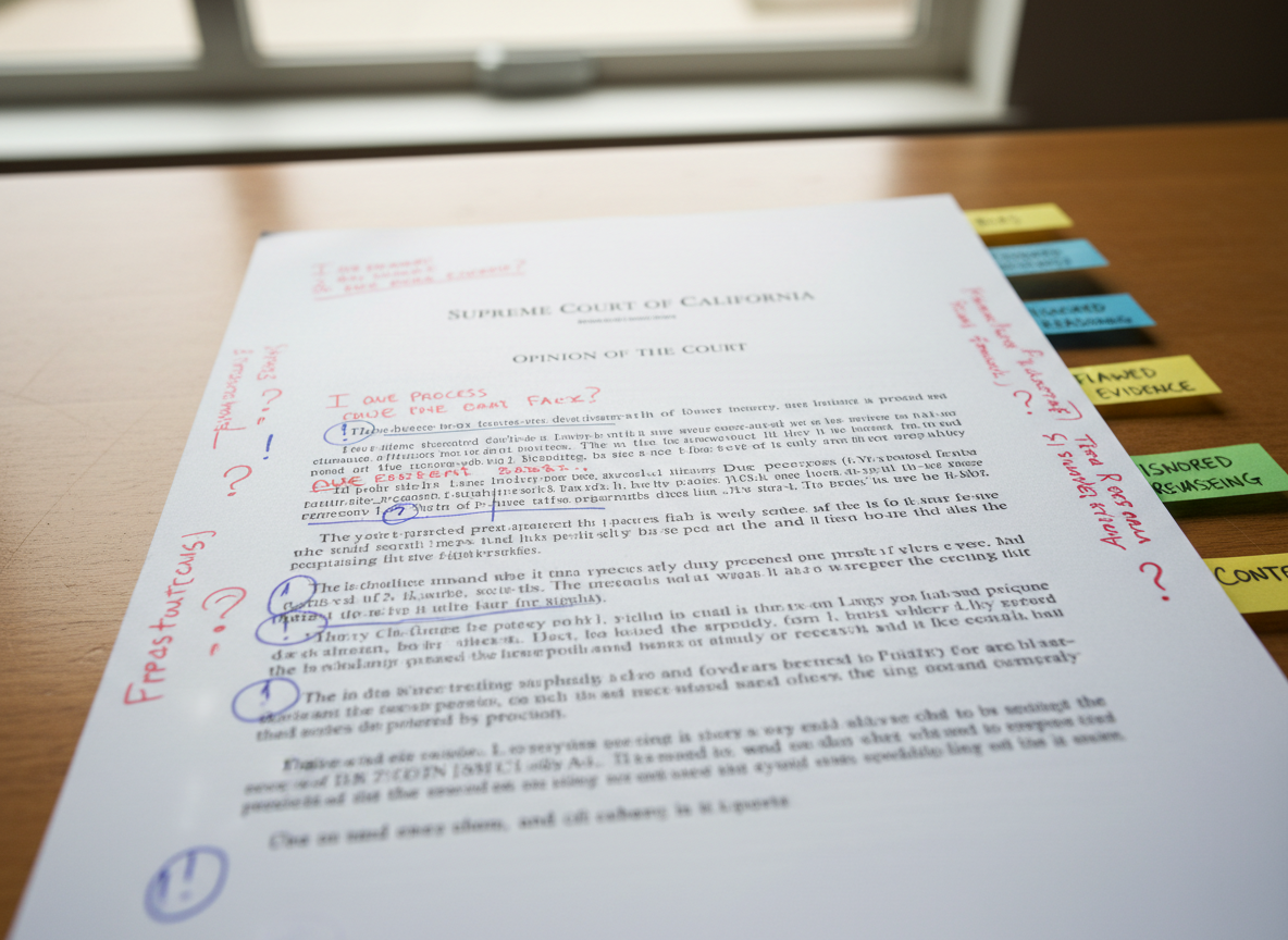 A close-up, overhead view of a thick judicial opinion printed on crisp white paper, its margins dense with handwritten annotations in red and blue ink, underlines, question marks, and exclamation points drawing attention to troubling passages. Color-coded sticky flags protrude from the pages, each labeled with concise critiques such as “bias,” “inconsistency,” and “ignored evidence.” Soft, overcast daylight from a nearby window spreads evenly across a plain wooden desk, minimizing harsh shadows and highlighting the paper’s fine texture and ink saturation. Captured in photographic realism with a tight, centered composition and shallow depth of field, the image creates an intense, analytical mood of careful, critical review of a judge’s decisions.
