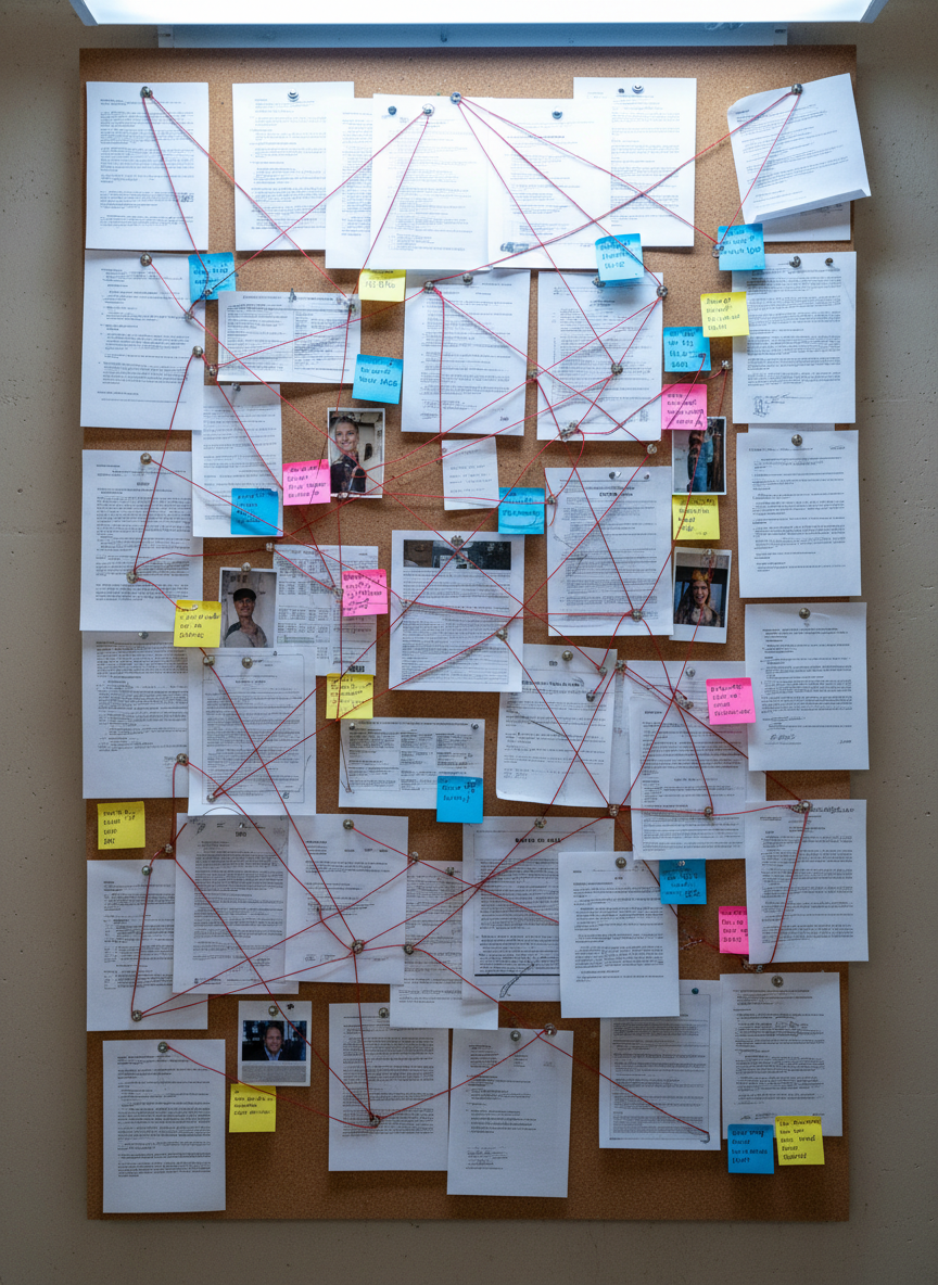 A large, meticulously organized corkboard fills the frame, covered in pinned court documents, printed emails, highlighted rulings, and color-coded sticky notes, each connected by thin red string forming a complex web of accountability. Metal pushpins glint under cool, overhead fluorescent lighting that casts crisp, controlled shadows, emphasizing the texture of the paper edges and folds. A plain, neutral wall surrounds the board, slightly out of focus, letting the details of dates, stamps, and headings stand out. Shot straight on with sharp focus across the entire surface in photographic realism, the image conveys a methodical, investigative atmosphere and the painstaking work of building a public-records timeline.