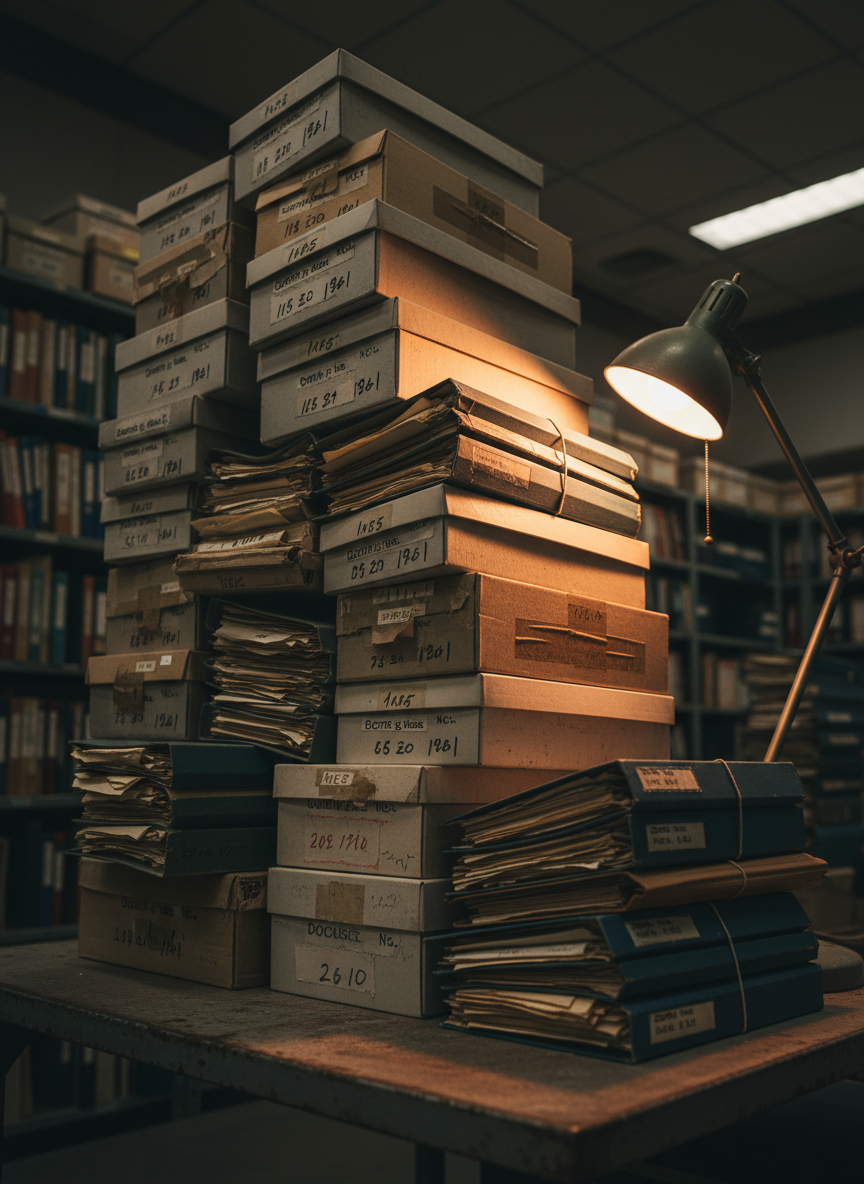 An imposing stack of mismatched archival storage boxes and expanding file folders rises from a scratched metal table in a dim records room, each box labeled with hand-written dates, case captions, and docket numbers related to judicial proceedings. A single adjustable desk lamp casts a cone of warm light across the scene, illuminating frayed edges, worn labels, and paper spilling from overfilled folders while leaving the background shelving in deep shadow. Photographed from a low angle with a shallow depth of field in photographic realism, the composition makes the stack loom large in the frame, symbolizing the overwhelming accumulation of unresolved misconduct and the urgent need for reform.